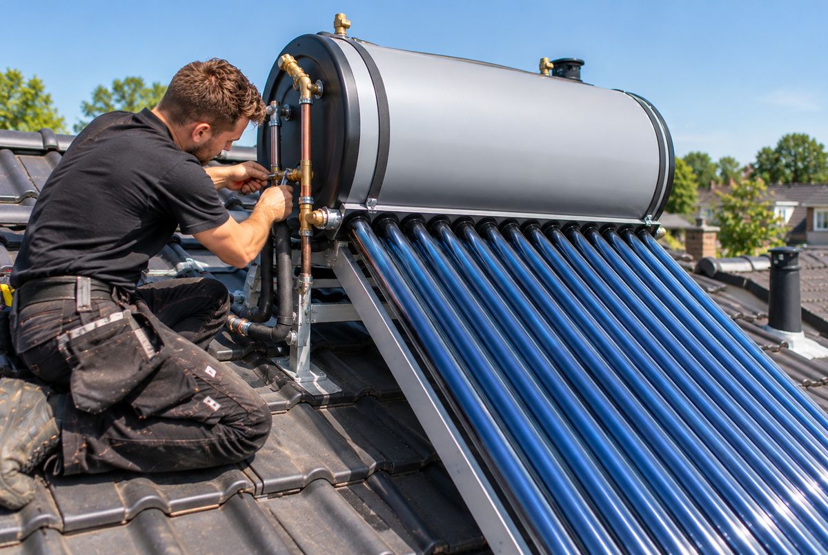 Installateur bevestigt de leidingaansluitingen van een zonneboiler met vacuümbuiscollectoren en een horizontaal voorraadvat op een schuin dak